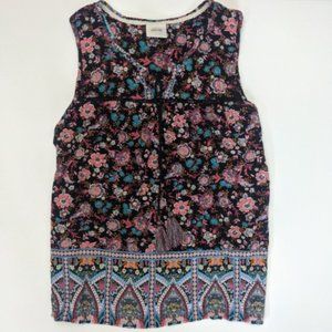 Knox Rose Womens Top Large Black Floral Sleeveless Tasseled Boho
